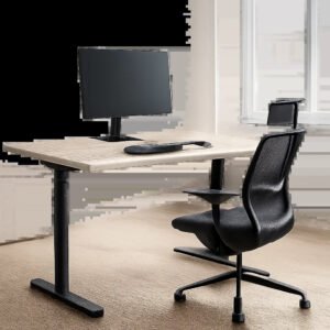 Un bureau assis debout moderne dans un espace de travail soigné, pensé pour alterner facilement entre position assise et debout. L’ensemble met en avant le confort, la stabilité et une esthétique premium.