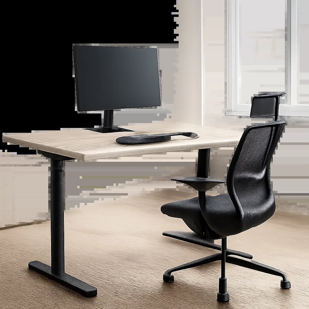 Un bureau assis debout moderne dans un espace de travail soigné, pensé pour alterner facilement entre position assise et debout. L’ensemble met en avant le confort, la stabilité et une esthétique premium.